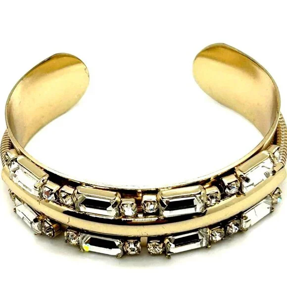 Gold-tone Cuff Bracelet Art Deco Style with Mirror Finish Crystal Baguettes - Picture 8 of 11